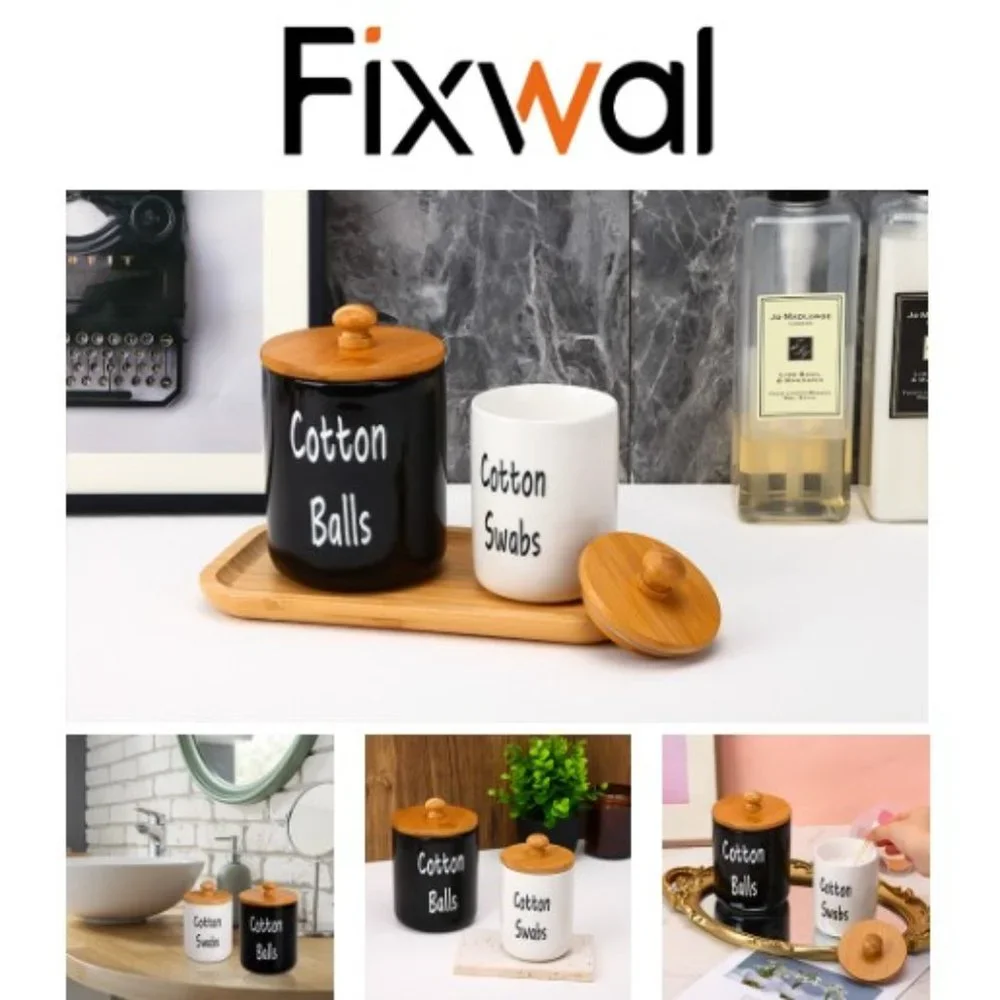 Set of 2 - Ceramic Bathroom Accessory Jars  (2 Sizes/ Black & White)